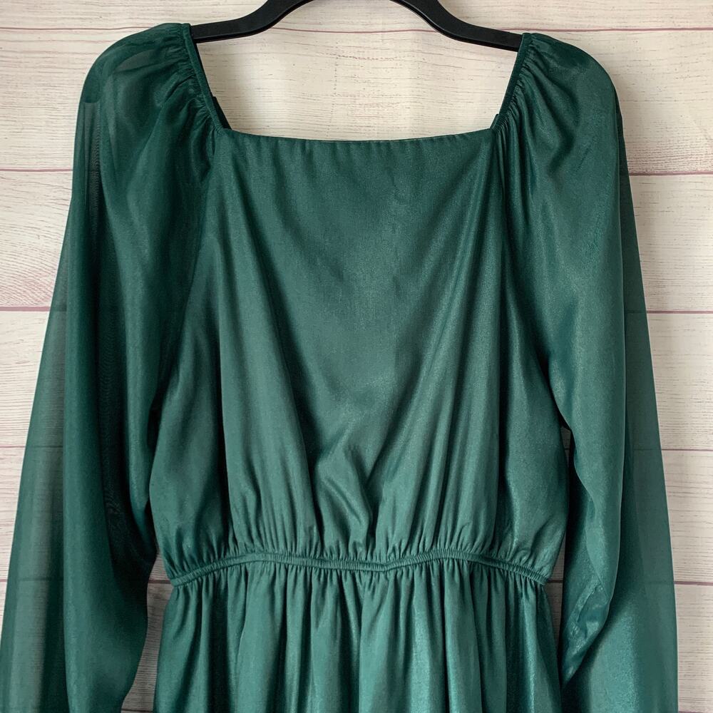Andree by Unit Shimmery Forest Green Dress Sheer Long Sleeves Ruffle Size L - Picture 7 of 16